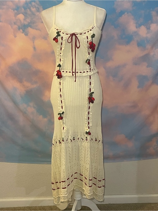Lacemade Dresses & Skirts - NWT: Gorgeous Lace Made Cream Knit w/Red Ribbon & Cherry Crochet Details